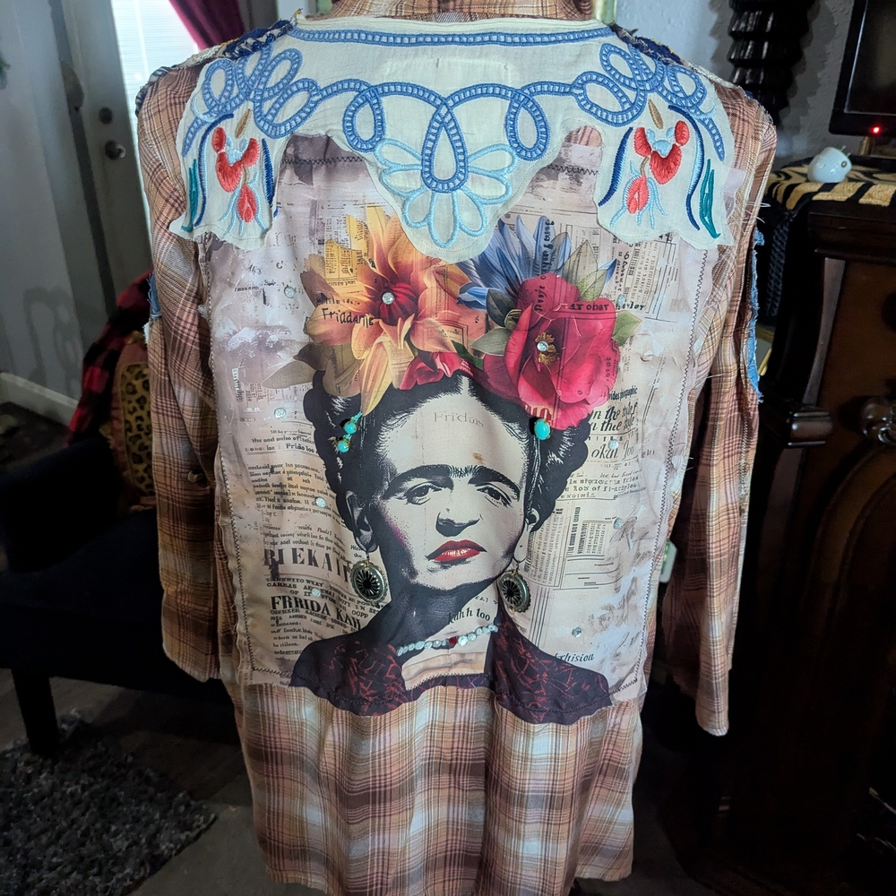 Frida Kahlo Plaid Women's Jacket with Floral Embroidery